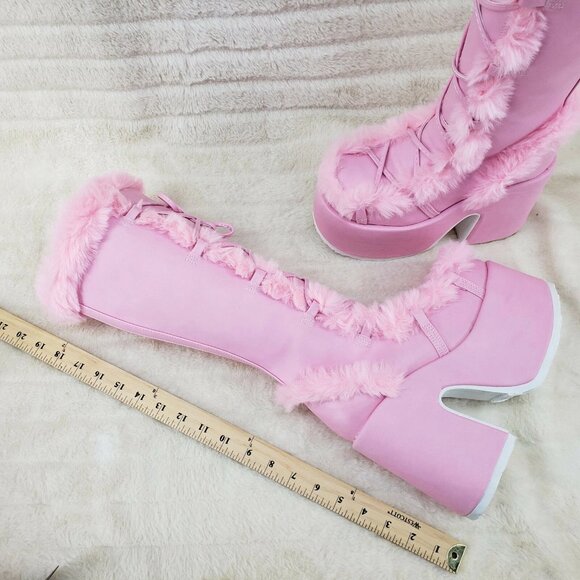 Camel 311 Baby Pink Furry Goth Punk Platform Knee Boots - Picture 10 of 10